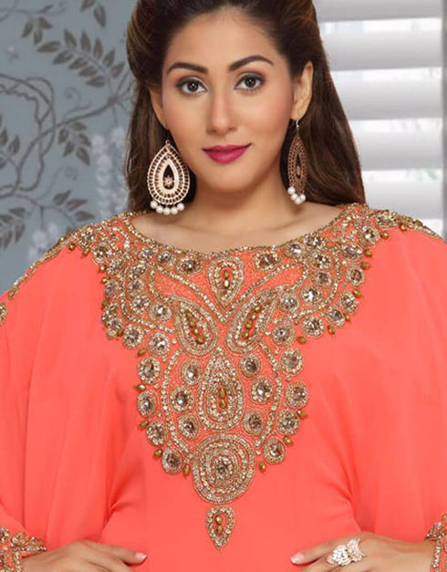 Necklace Pattern With Flared Full Sleeve Farasha Style Kaftan